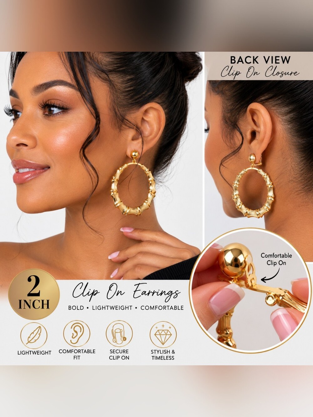 HOOP Gold Stainless steel 2 Inch Clip on Earrings